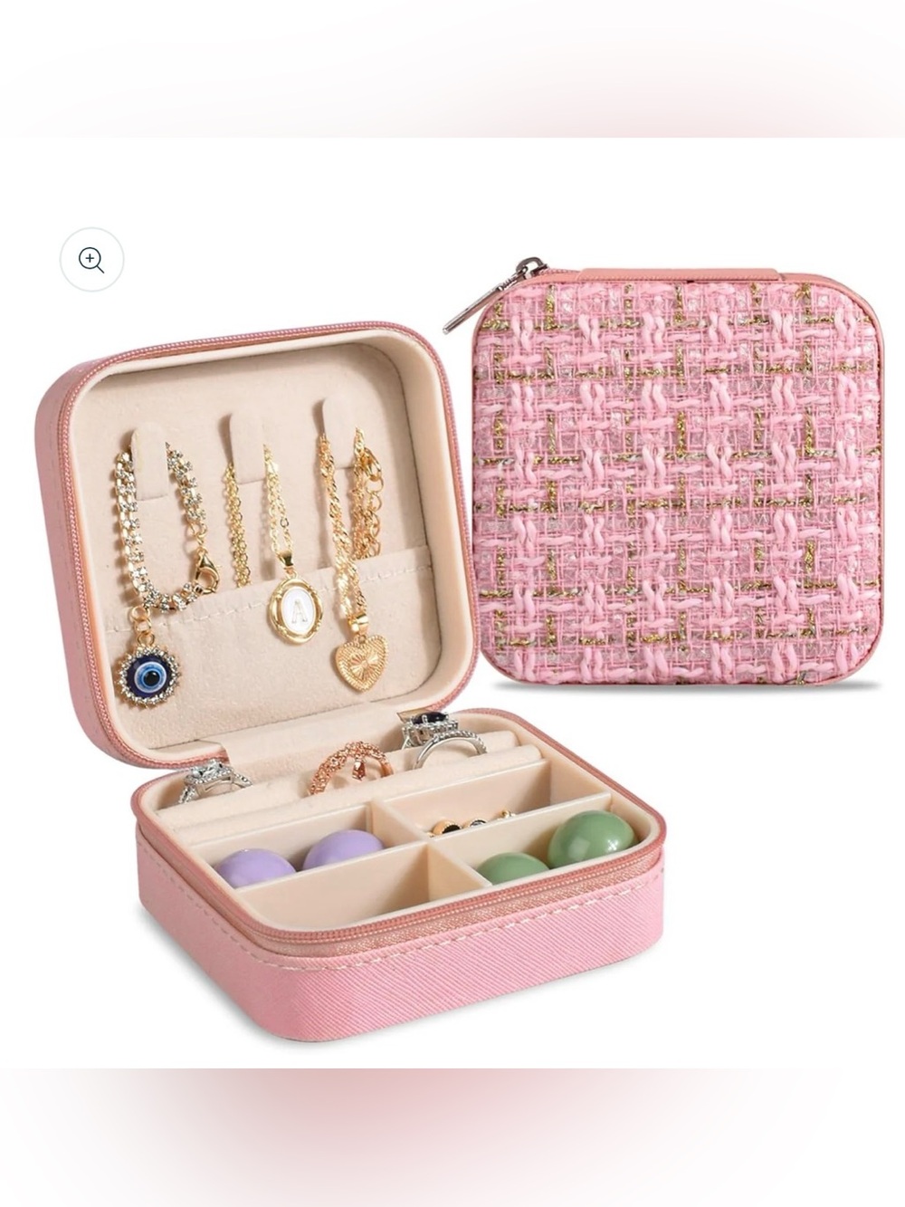 Pink Tweed Jewelry Zip Organizer Travel Box